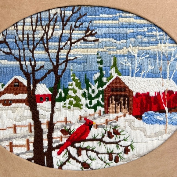 Handmade Framed Crewel Covered Bridge Cardinal Winter Scene - Picture 3 of 14
